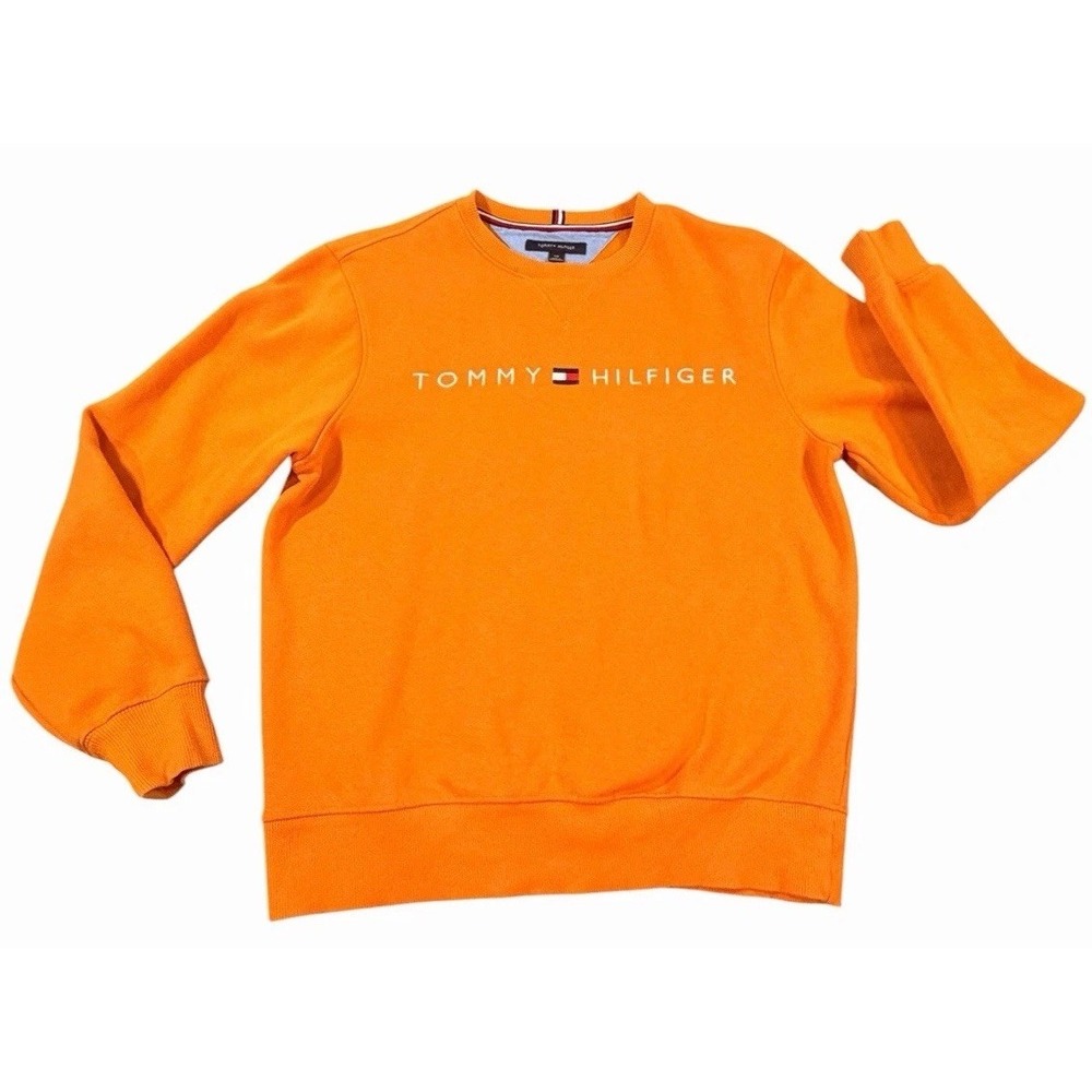 Tommy Hilfiger Logo Crewneck Sweatshirt Women's Small Orange Fleece Pullover